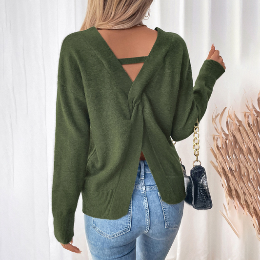 Loose Knitted V-Neck Open Back Slit Sweater-TOPS / DRESSES-[Adult]-[Female]-Olive green-S-2022 Online Blue Zone Planet