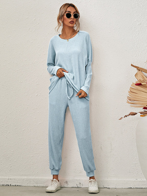 Women's Long-Sleeved Loose Loungewear Pajamas-TOPS / DRESSES-[Adult]-[Female]-Sky blue azure-S-2022 Online Blue Zone Planet