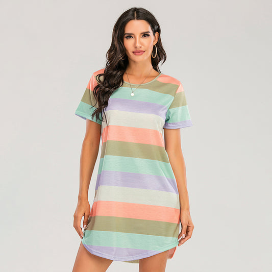 Women's Short Sleeve Rainbow Striped Loose T-Shirt Pyjama Sets-[Adult]-[Female]-Pink-yellow-green stripes-S-2022 Online Blue Zone Planet