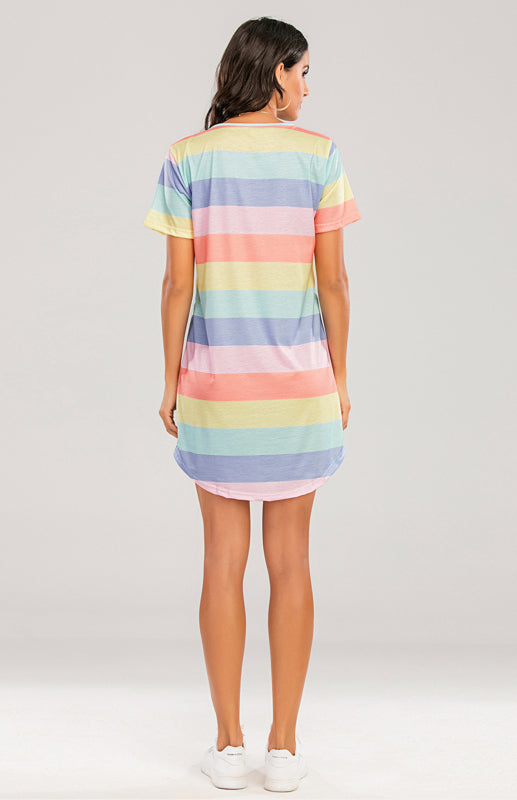 Women's Short Sleeve Rainbow Striped Loose T-Shirt Pyjama Sets-[Adult]-[Female]-2022 Online Blue Zone Planet