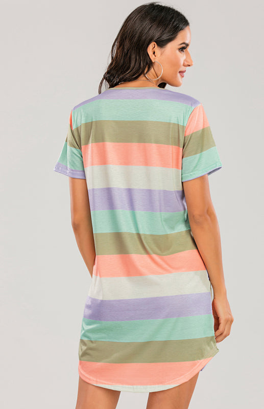 Women's Short Sleeve Rainbow Striped Loose T-Shirt Pyjama Sets-[Adult]-[Female]-2022 Online Blue Zone Planet