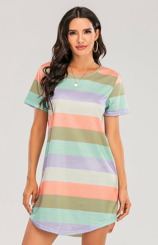 Women's Short Sleeve Rainbow Striped Loose T-Shirt Pyjama Sets-[Adult]-[Female]-green purple orange stripes-S-2022 Online Blue Zone Planet