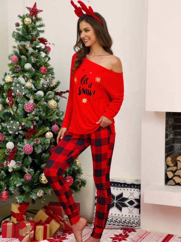 Blue Zone Planet | Christmas Plaid Print Off-Shoulder Pajama Set-TOPS / DRESSES-[Adult]-[Female]-2022 Online Blue Zone Planet