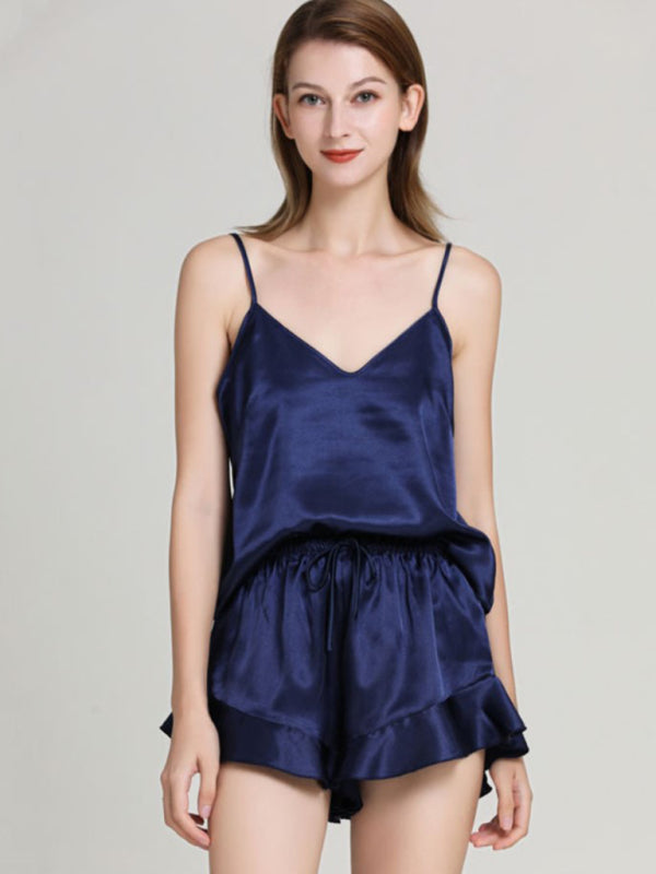 Blue Zone Planet |  Solid Color V-Neck Camisole + Shorts Pajamas Two-Piece Set BLUE ZONE PLANET