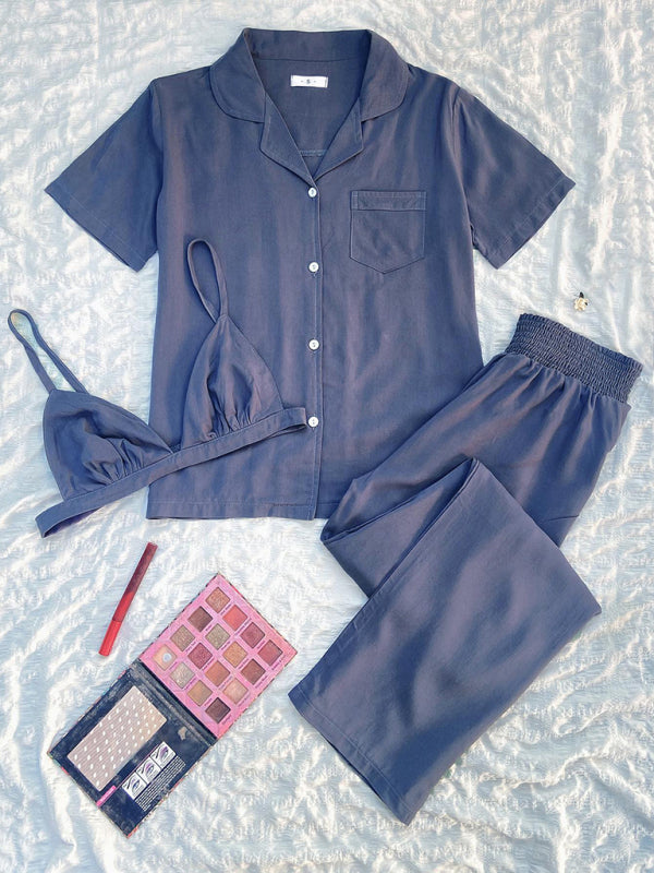 solid color knitted pajamas three-piece set BLUE ZONE PLANET