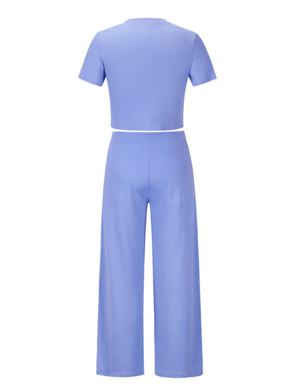 Blue Zone Planet | Women's solid color round neck short-sleeved T-shirt + trousers two-piece set-TOPS / DRESSES-[Adult]-[Female]-2022 Online Blue Zone Planet