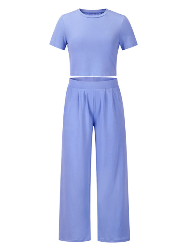 Blue Zone Planet | Women's solid color round neck short-sleeved T-shirt + trousers two-piece set-TOPS / DRESSES-[Adult]-[Female]-Black-S-2022 Online Blue Zone Planet