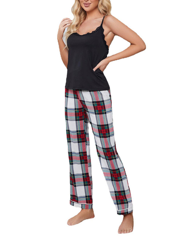 Blue Zone Planet |  Knitted Spaghetti Straps Plaid Trousers Homewear Set BLUE ZONE PLANET