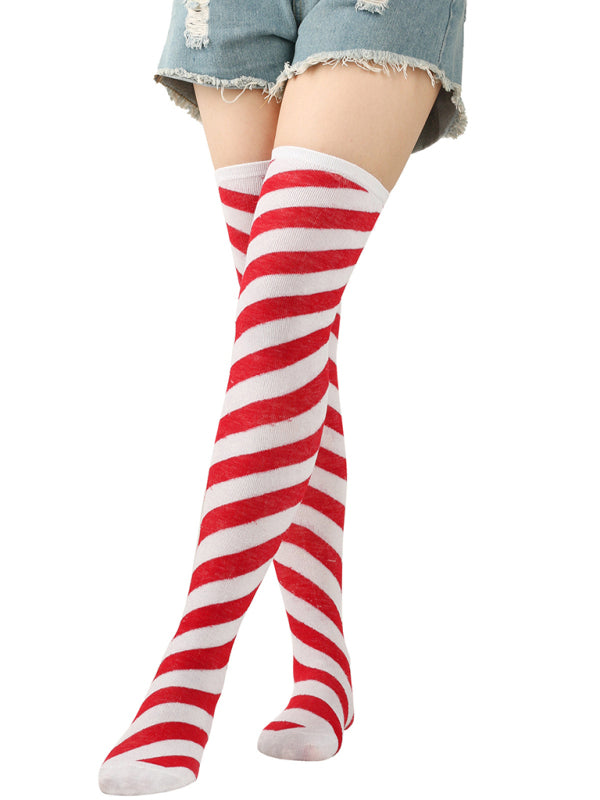 Women's Over Knee Bias Striped Christmas Socks-[Adult]-[Female]-2022 Online Blue Zone Planet