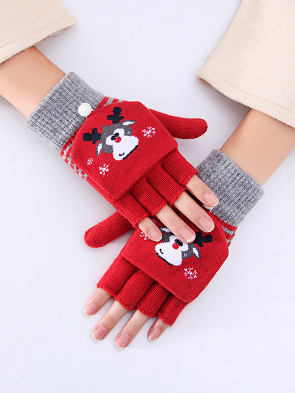 Blue Zone Planet | Reindeer Knit Flip Fingerless Gloves-GLOVES-[Adult]-[Female]-Red-One size-2022 Online Blue Zone Planet