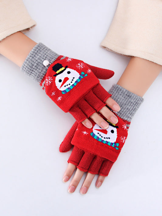 Festive Snowman Knit Fingerless Mittens-GLOVES-[Adult]-[Female]-Red-One size-2022 Online Blue Zone Planet