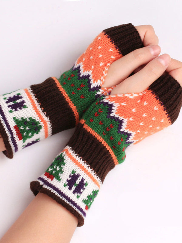 Blue Zone Planet | Christmas Tree Thickened Wool Fingerless Knitted Gloves-TOPS / DRESSES-[Adult]-[Female]-Coffee-One size-2022 Online Blue Zone Planet