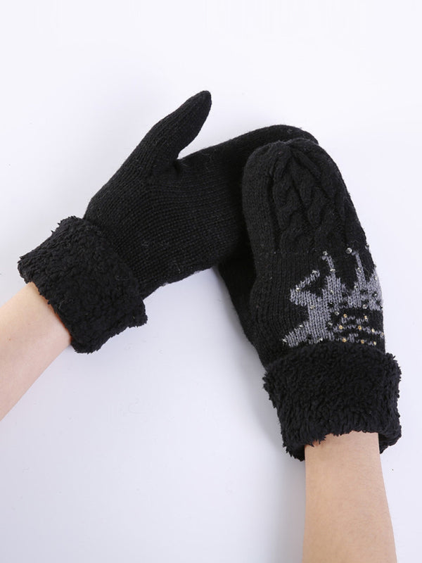 Women's Christmas Fawn Hot Diamond Wool Tie Warm Gloves-[Adult]-[Female]-Black-One size-2022 Online Blue Zone Planet