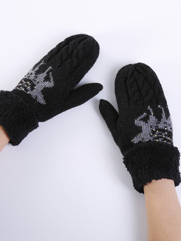 Women's Christmas Fawn Hot Diamond Wool Tie Warm Gloves-[Adult]-[Female]-2022 Online Blue Zone Planet