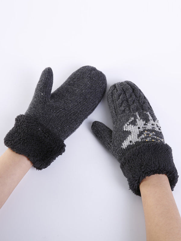 Women's Christmas Fawn Hot Diamond Wool Tie Warm Gloves-[Adult]-[Female]-Charcoal grey-One size-2022 Online Blue Zone Planet