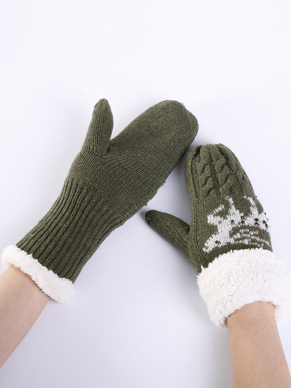 Women's Christmas Fawn Hot Diamond Wool Tie Warm Gloves-[Adult]-[Female]-Green-One size-2022 Online Blue Zone Planet