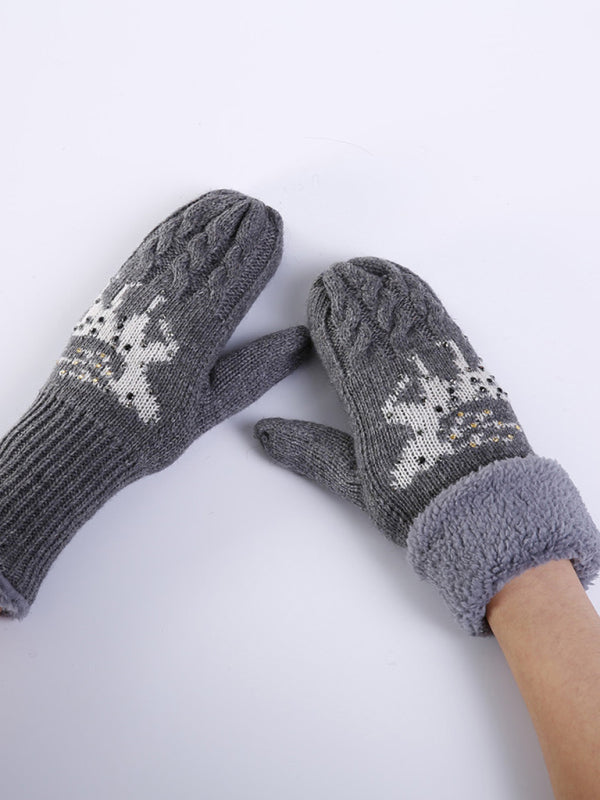 Women's Christmas Fawn Hot Diamond Wool Tie Warm Gloves-[Adult]-[Female]-2022 Online Blue Zone Planet