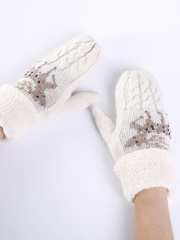 Women's Christmas Fawn Hot Diamond Wool Tie Warm Gloves-[Adult]-[Female]-White-One size-2022 Online Blue Zone Planet