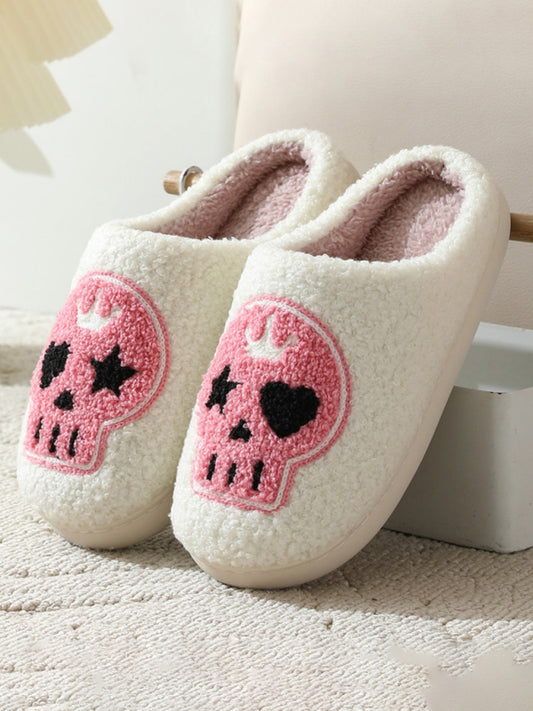 Halloween contrasting skull pattern indoor home plush warm slippers-[Adult]-[Female]-White-35-2022 Online Blue Zone Planet