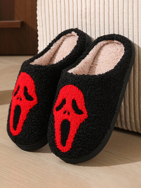 Halloween contrasting skull ghost face pattern indoor home plush warm slippers-[Adult]-[Female]-Black-35-2022 Online Blue Zone Planet