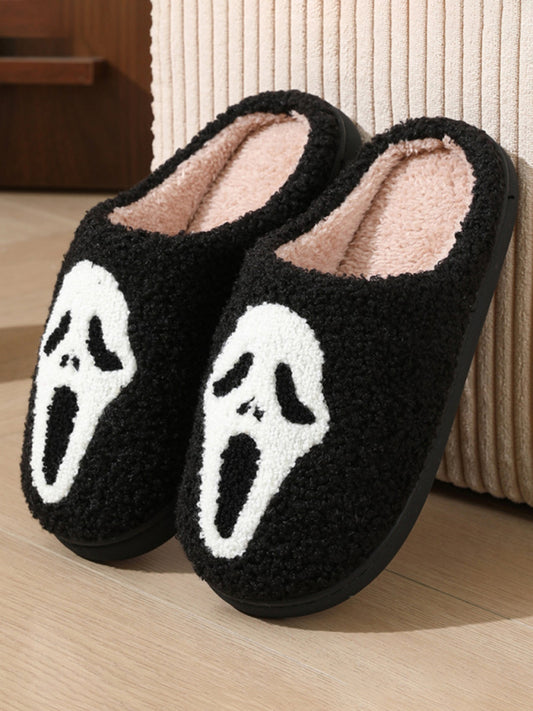 Halloween contrasting skull ghost face pattern indoor home plush warm slippers-[Adult]-[Female]-White-35-2022 Online Blue Zone Planet