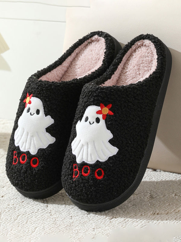 Halloween pattern home plush warm slippers-[Adult]-[Female]-Black-35-2022 Online Blue Zone Planet