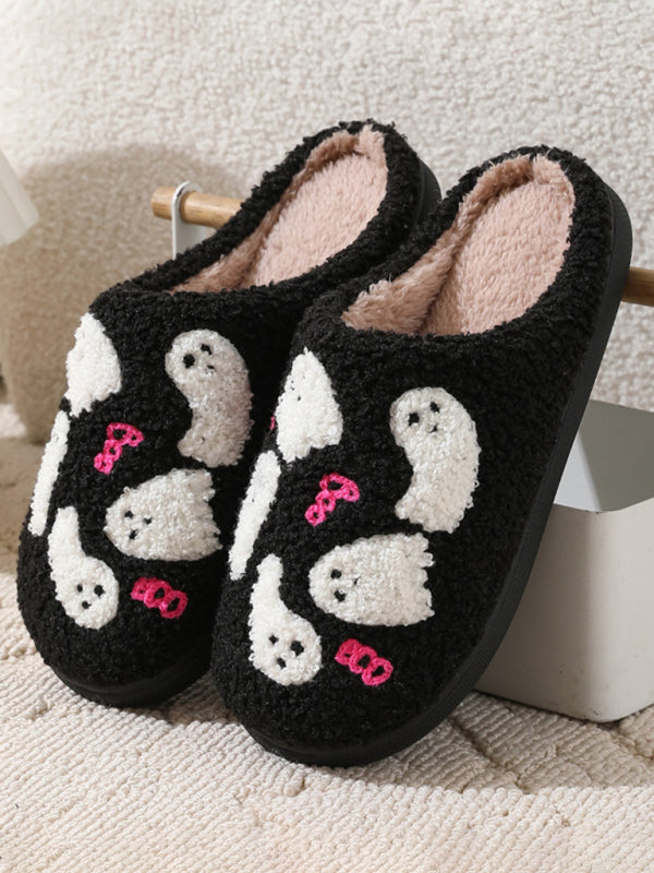 Halloween Ghost House Pattern Home Plush Warm Slippers-[Adult]-[Female]-Black-35-2022 Online Blue Zone Planet