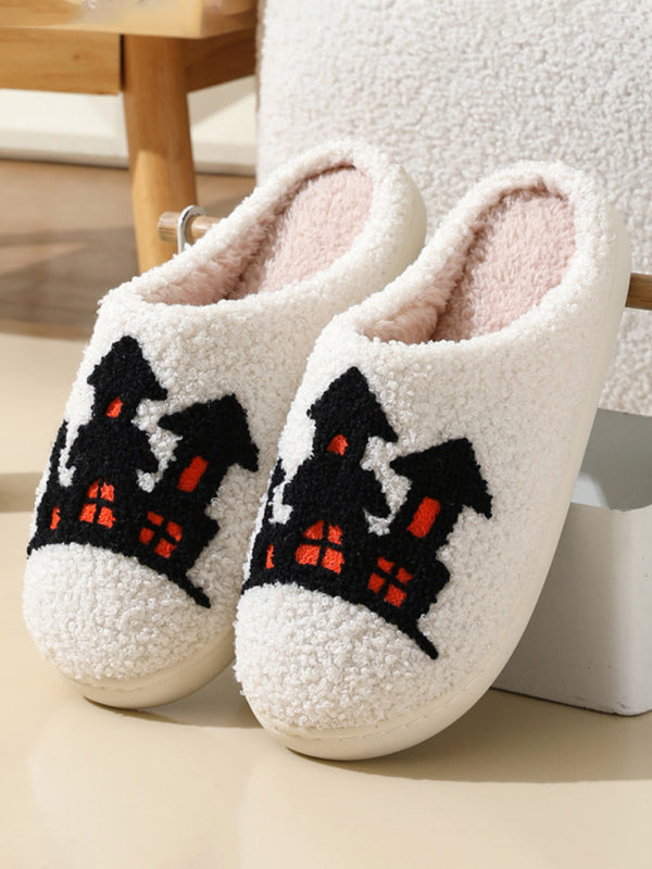 Halloween Ghost House Pattern Home Plush Warm Slippers-[Adult]-[Female]-Pattern4-35-2022 Online Blue Zone Planet