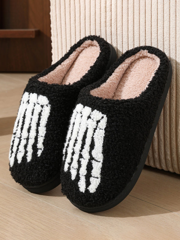 Halloween Love Skeleton Hand Pattern Home Plush Warm Slippers-[Adult]-[Female]-Black-35-2022 Online Blue Zone Planet