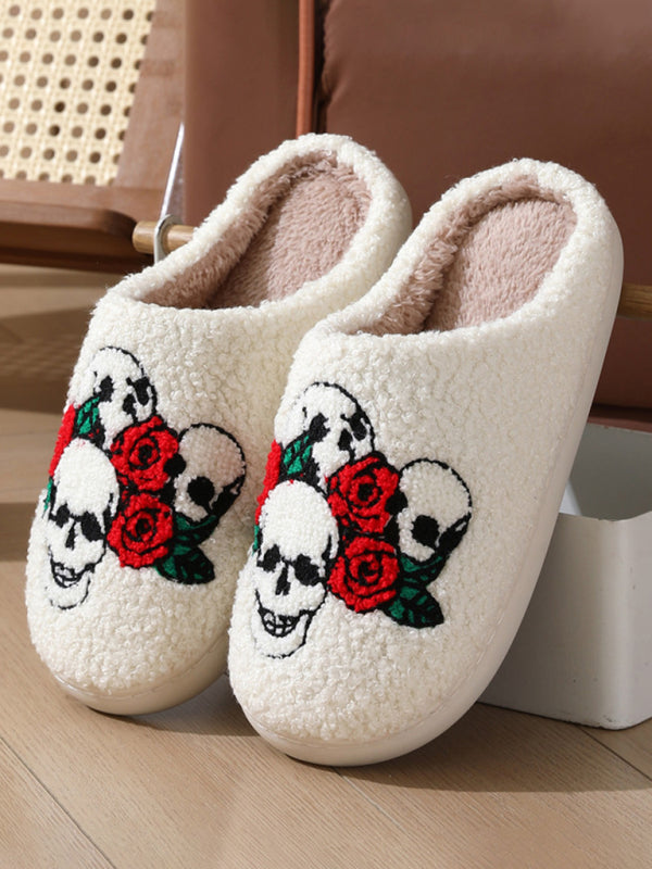 Halloween Love Skeleton Hand Pattern Home Plush Warm Slippers-[Adult]-[Female]-Pattern2-35-2022 Online Blue Zone Planet