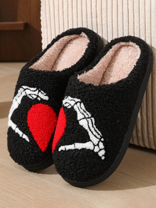 Halloween Love Skeleton Hand Pattern Home Plush Warm Slippers-[Adult]-[Female]-Pattern5-35-2022 Online Blue Zone Planet