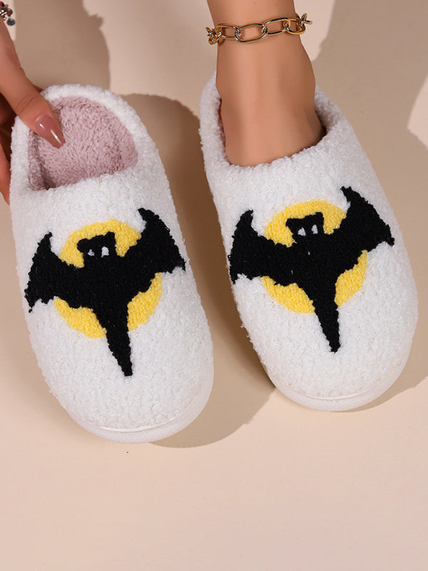 Halloween bat pumpkin pattern home plush warm slippers-[Adult]-[Female]-Pattern1-35-2022 Online Blue Zone Planet