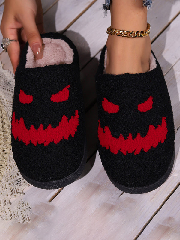 Halloween bat pumpkin pattern home plush warm slippers-[Adult]-[Female]-Pattern2-35-2022 Online Blue Zone Planet