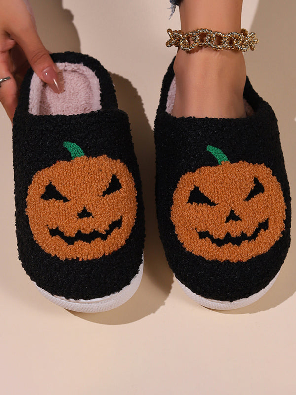 Halloween bat pumpkin pattern home plush warm slippers-[Adult]-[Female]-Pattern3-35-2022 Online Blue Zone Planet