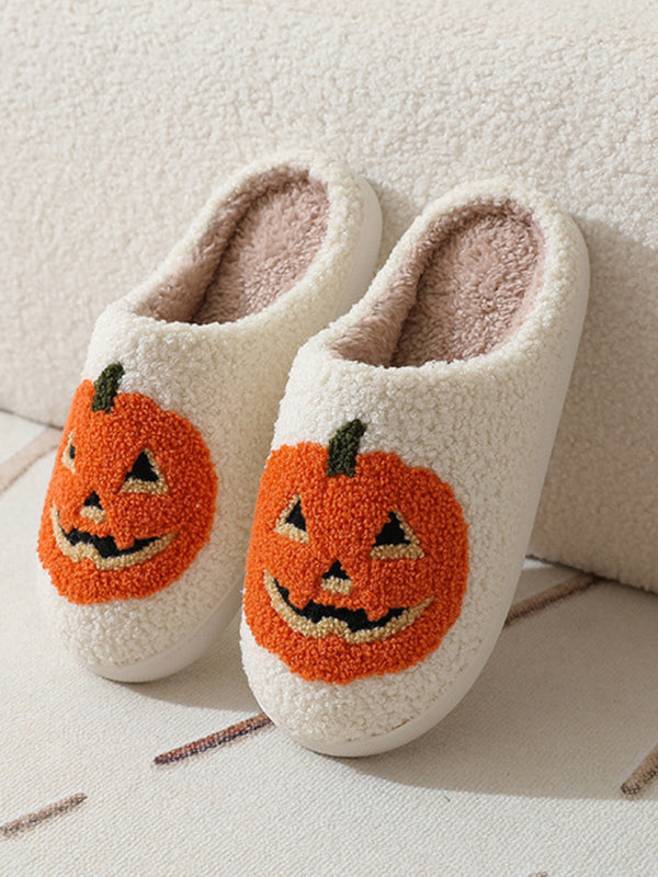 Halloween bat pumpkin pattern home plush warm slippers-[Adult]-[Female]-Pattern4-35-2022 Online Blue Zone Planet