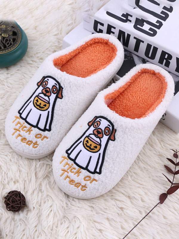 Halloween Cartoon Pumpkin Dog Plush Couple Indoor Comfort Slippers-[Adult]-[Female]-2022 Online Blue Zone Planet