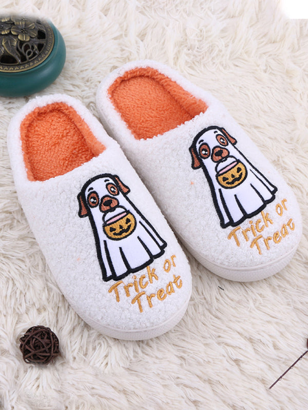 Halloween Cartoon Pumpkin Dog Plush Couple Indoor Comfort Slippers-[Adult]-[Female]-White-36-2022 Online Blue Zone Planet