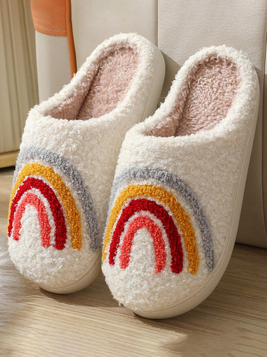 Blue Zone Planet | Cute Rainbow Pattern Cotton Slippers Indoor Home Plush Warm Slippers-[Adult]-[Female]-White-36-2022 Online Blue Zone Planet