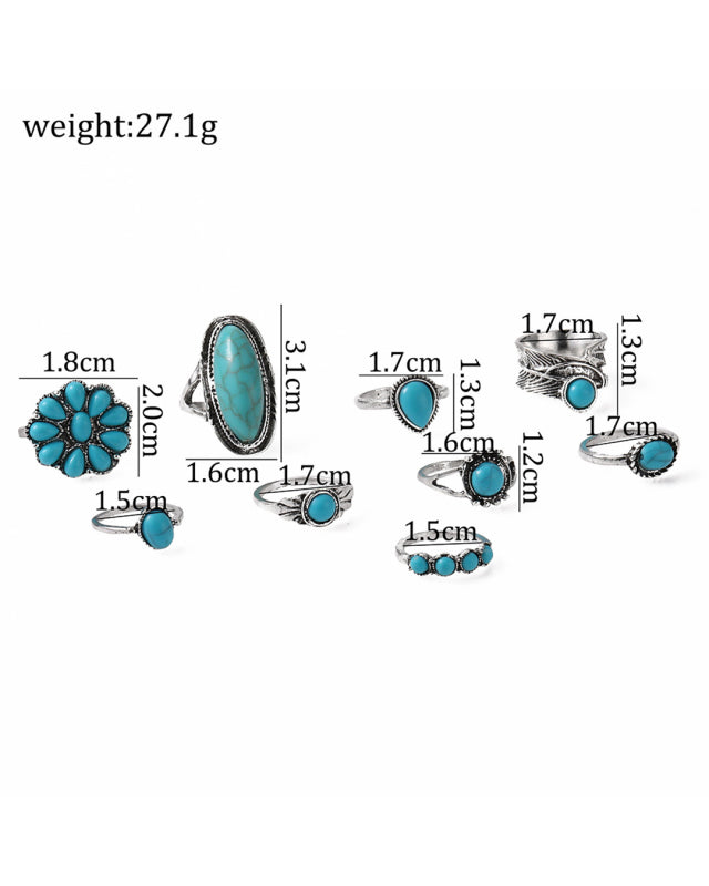 New Ring Retro Bohemian Feather Turquoise Hollow 9-piece Set-[Adult]-[Female]-2022 Online Blue Zone Planet