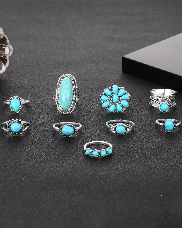 New Ring Retro Bohemian Feather Turquoise Hollow 9-piece Set-[Adult]-[Female]-2022 Online Blue Zone Planet