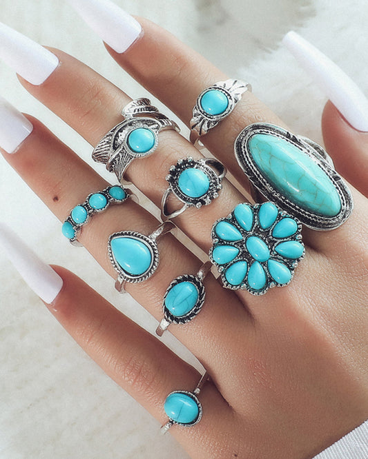 New Ring Retro Bohemian Feather Turquoise Hollow 9-piece Set-[Adult]-[Female]-Sky blue azure-F-2022 Online Blue Zone Planet