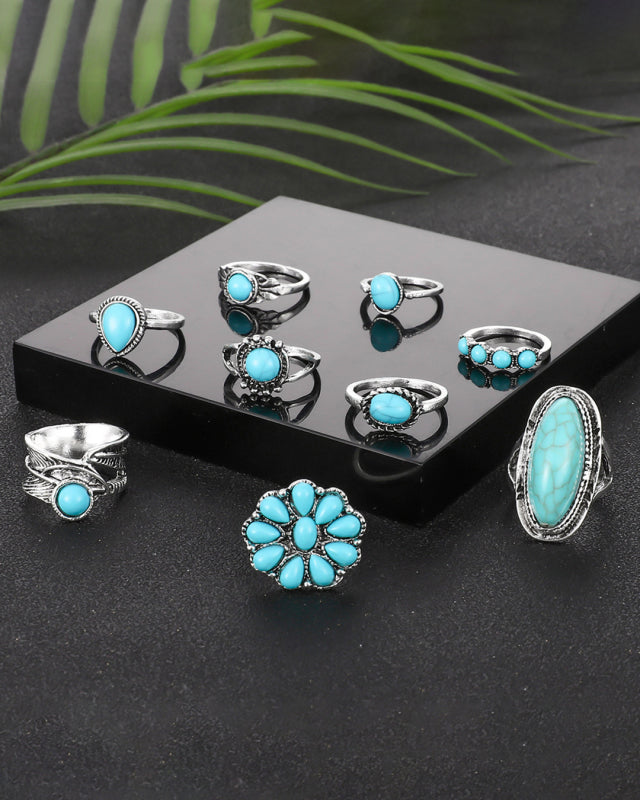 New Ring Retro Bohemian Feather Turquoise Hollow 9-piece Set-[Adult]-[Female]-2022 Online Blue Zone Planet