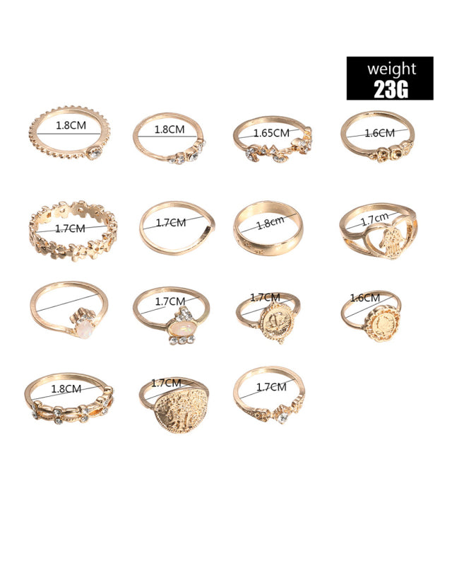 Retro Beauty Head Portrait Gold Coin Cross Pattern Love Fatima Palm Ring 15-piece Ring Set-[Adult]-[Female]-2022 Online Blue Zone Planet