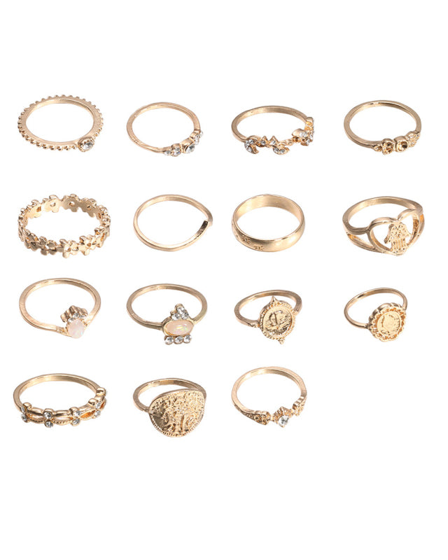 Retro Beauty Head Portrait Gold Coin Cross Pattern Love Fatima Palm Ring 15-piece Ring Set-[Adult]-[Female]-2022 Online Blue Zone Planet