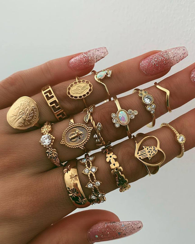 Retro Beauty Head Portrait Gold Coin Cross Pattern Love Fatima Palm Ring 15-piece Ring Set-[Adult]-[Female]-Golden-F-2022 Online Blue Zone Planet