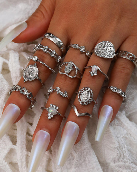 Retro Beauty Head Portrait Gold Coin Cross Pattern Love Fatima Palm Ring 15-piece Ring Set-[Adult]-[Female]-Silver-F-2022 Online Blue Zone Planet