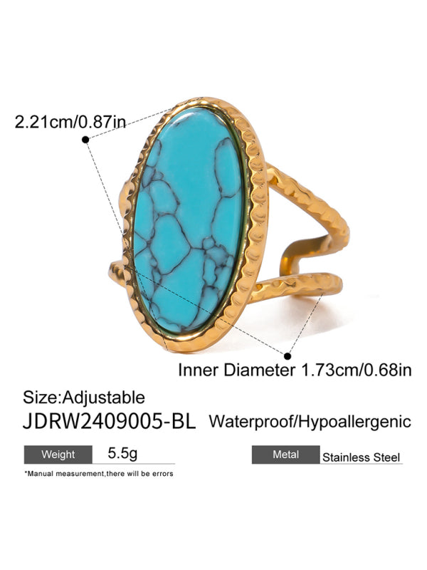 Oval Blue Turquoise Tiger's Eye Adjustable Open Ring (Single Set)-[Adult]-[Female]-2022 Online Blue Zone Planet