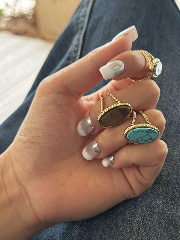 Oval Blue Turquoise Tiger's Eye Adjustable Open Ring (Single Set)-[Adult]-[Female]-Blue-F-2022 Online Blue Zone Planet
