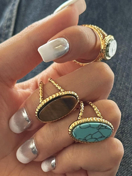 Oval Blue Turquoise Tiger's Eye Adjustable Open Ring (Single Set)-[Adult]-[Female]-Brown-F-2022 Online Blue Zone Planet