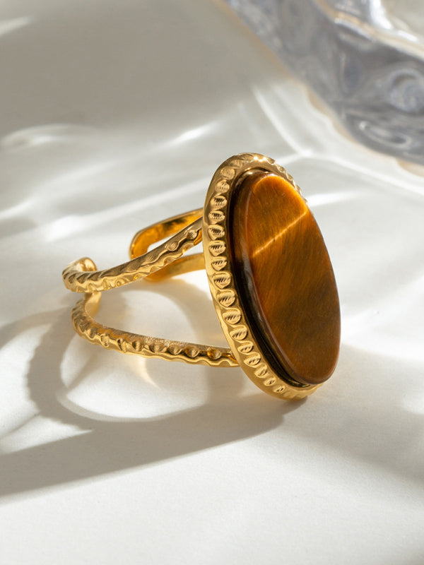 Oval Blue Turquoise Tiger's Eye Adjustable Open Ring (Single Set)-[Adult]-[Female]-2022 Online Blue Zone Planet